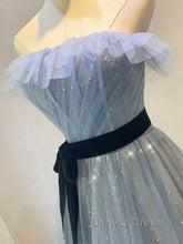 A-Line Gray Blue Tulle Long Prom Dresses, Gray Blue Long Formal Dresses